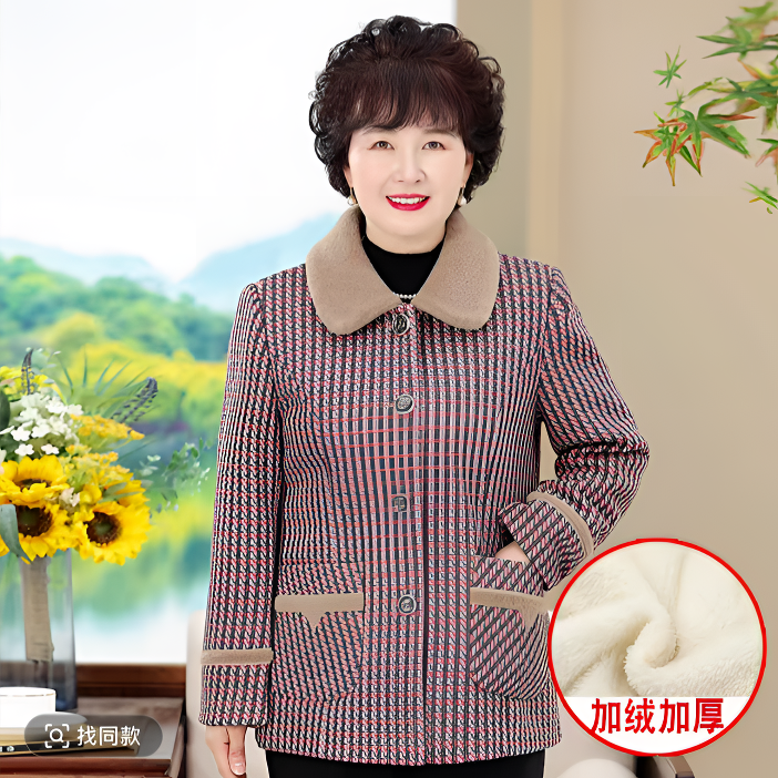 秋冬新款加绒保暖休闲格子中老年宽松型纽扣妈妈装