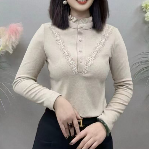 冬季新品女士上衣时尚洋气显瘦减龄木耳领蕾丝花边长袖百搭衬衫