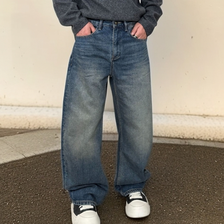 冬季（内里植绒）加厚宽松弯刀高级复古蓝时尚休闲百搭直筒男牛仔裤
