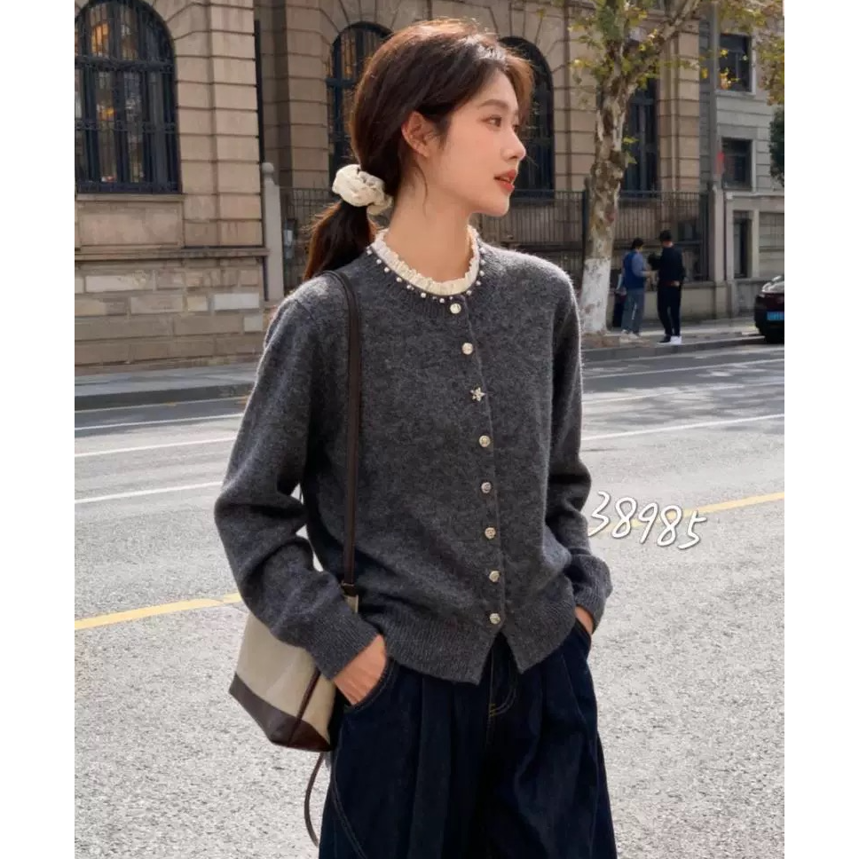 【珍珠领边】欧货时尚气质针织女毛衣开衫气质宽松上衣