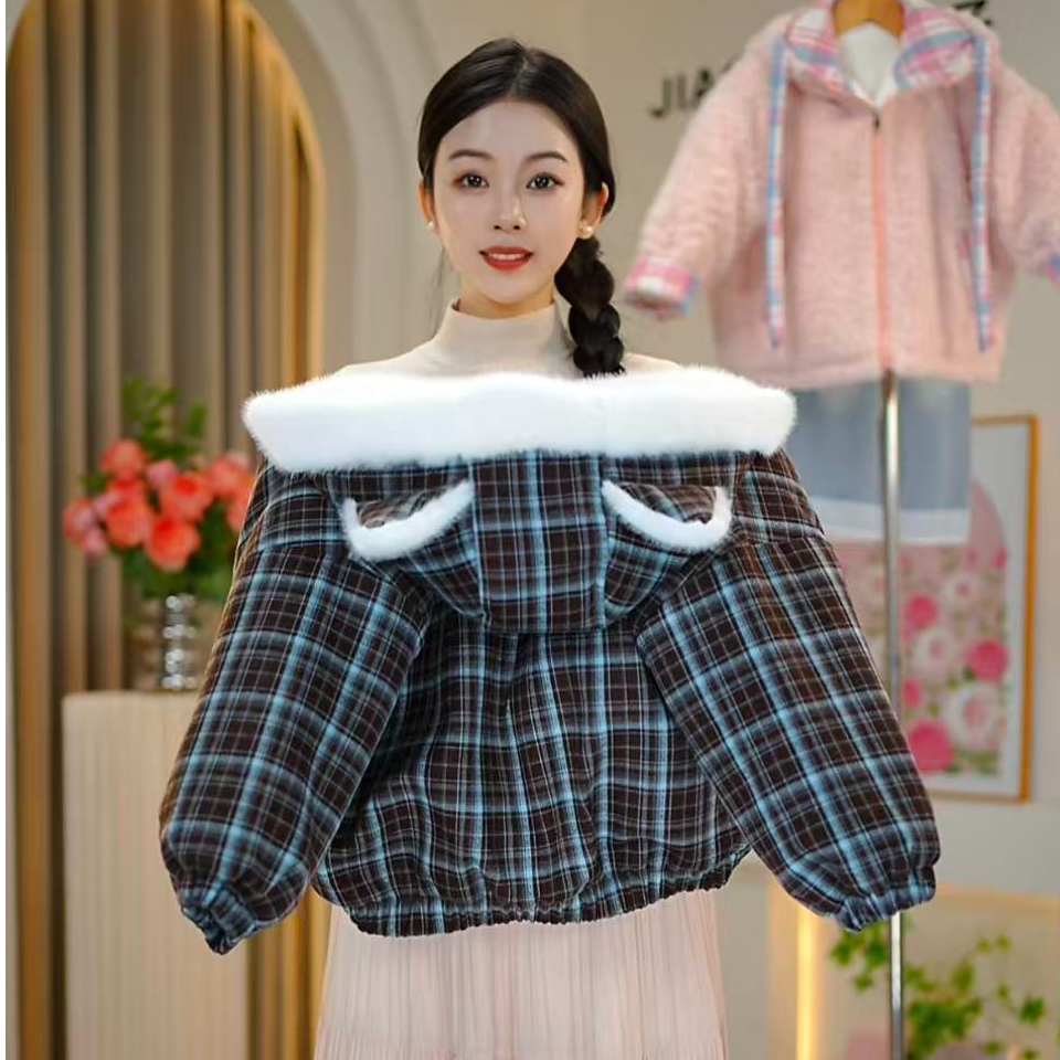 【佳琪妈】2025极寒系列英伦风蓝棕方格加厚连帽棉服女童-7154#