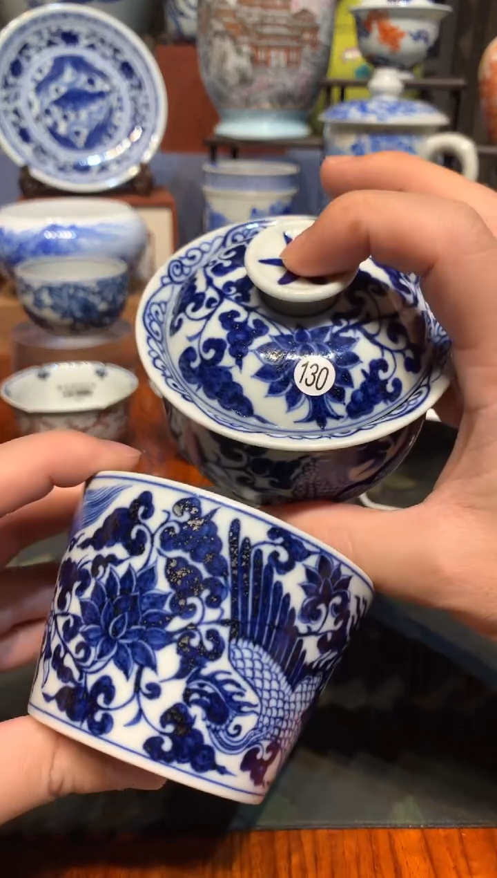 130青花麒麟追凤盖碗加杯子qd332和qd291