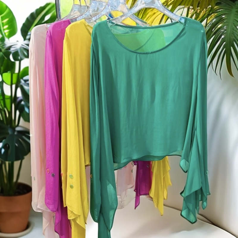含香服饰 人丝贝母亮片圆领长袖宽松不规则飘逸防晒罩衫衬衫