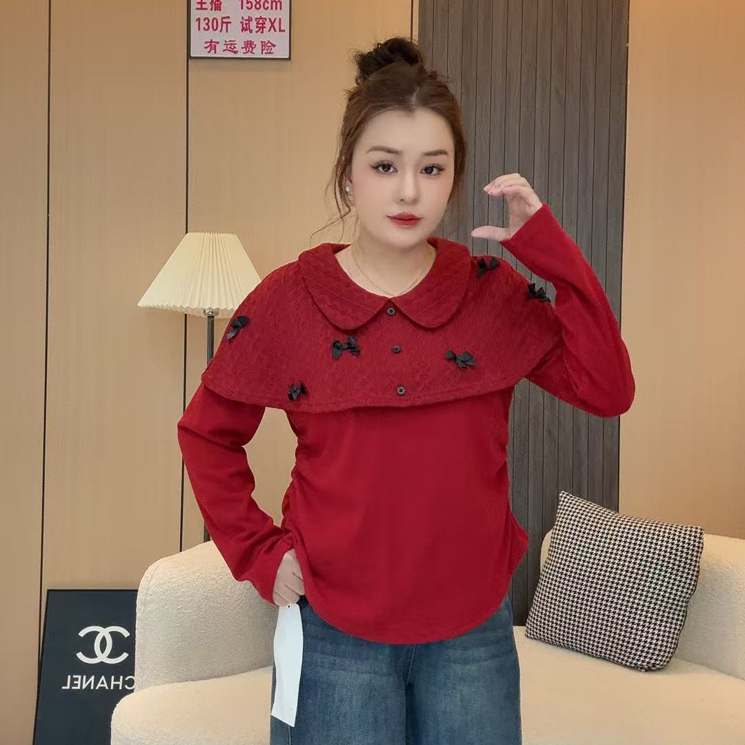 A2746#冬装新款胖mm大码女高级感娃娃领斗篷圣诞叠穿假两件上衣