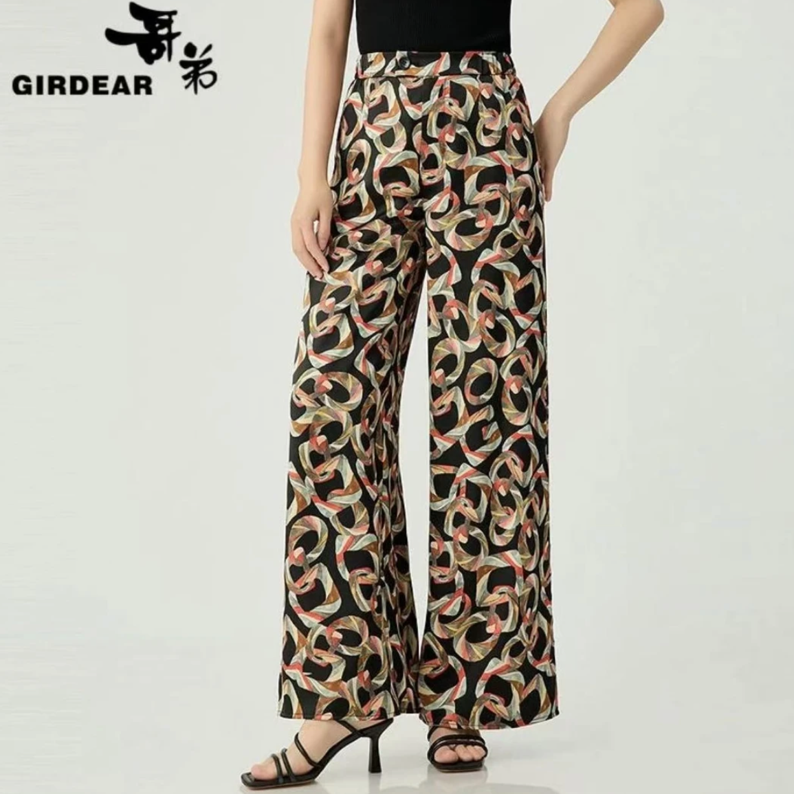 哥弟新款女装复古印花高腰阔腿裤时尚高开叉百搭休闲长裤-1100456