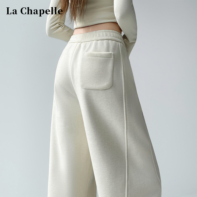 拉夏贝尔白色羊绒糯米阔腿裤女冬季加绒加厚毛呢高腰垂感弯刀裤子