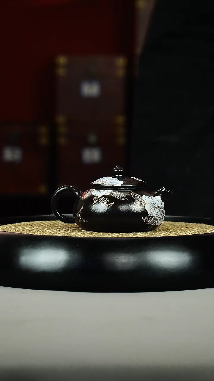茶壶紫砂石黄 寒江 金银错 牡丹