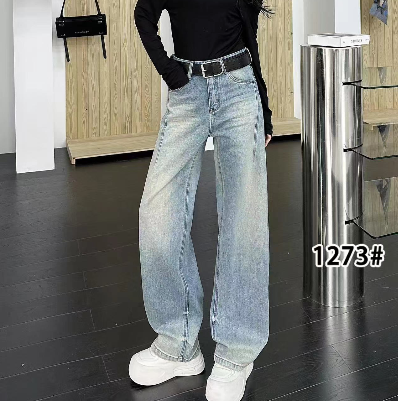 CJING春季新款1273直筒牛仔裤裤子直筒潮流常规款阔腿裤牛仔裤