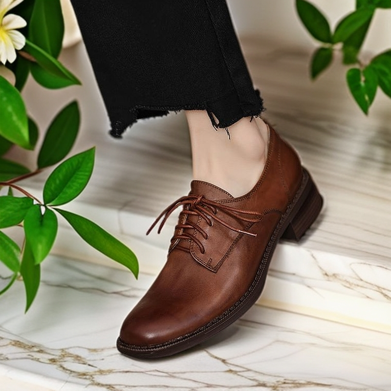 【跟高3.5公分】【尺码34-40】新款真皮复古百搭粗跟圆头软面女鞋