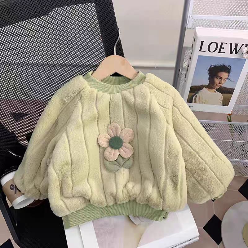 女童冬装毛毛加绒卫衣2024冬季新款宝宝洋气保暖加厚毛绒上衣潮流