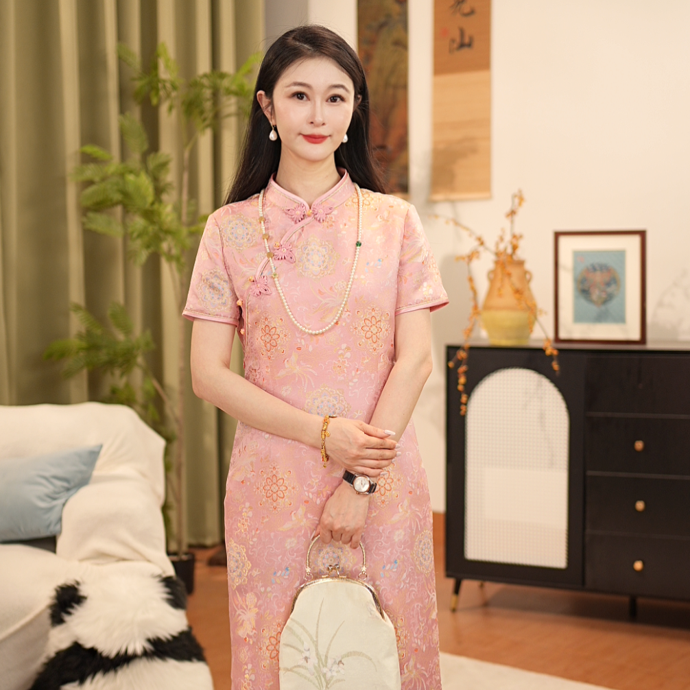 【贺贺·凤凰宝相花】新中式桑蚕丝新中式立领宋锦旗袍夏季J6017