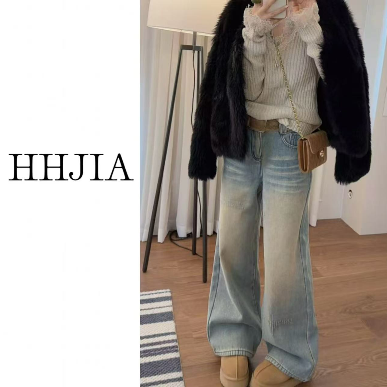 【慧慧家】韩国.2025定制款   韩系时尚腰带款加绒中阔腿牛仔裤