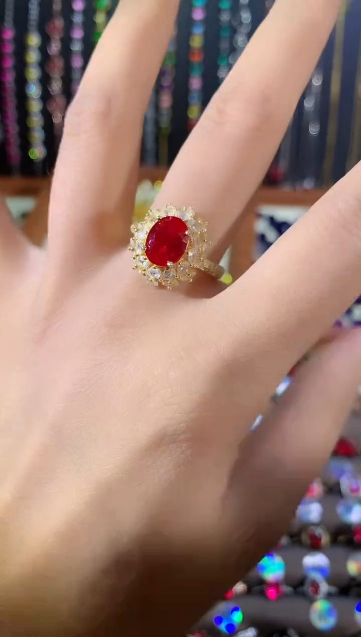 红宝石戒指银S925镶嵌金