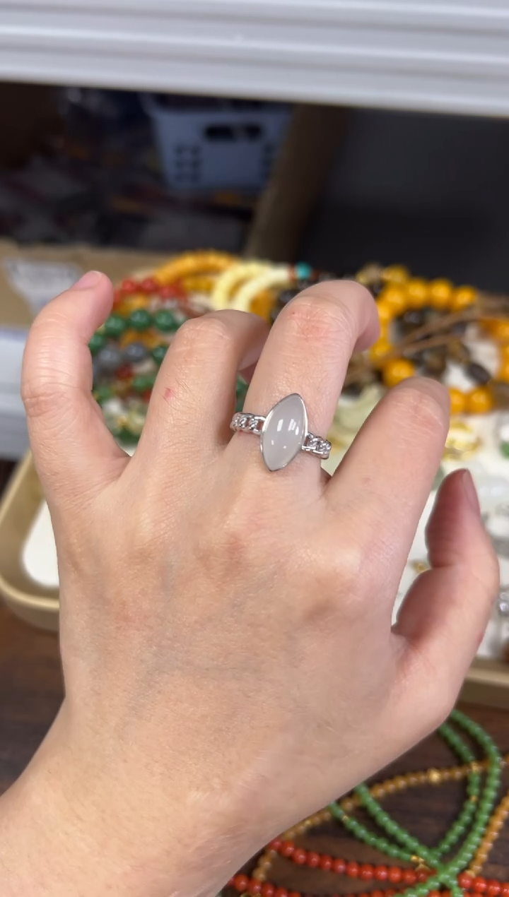 银S925镶嵌戒指和田玉和田玉白玉马眼银镶嵌戒指[84]