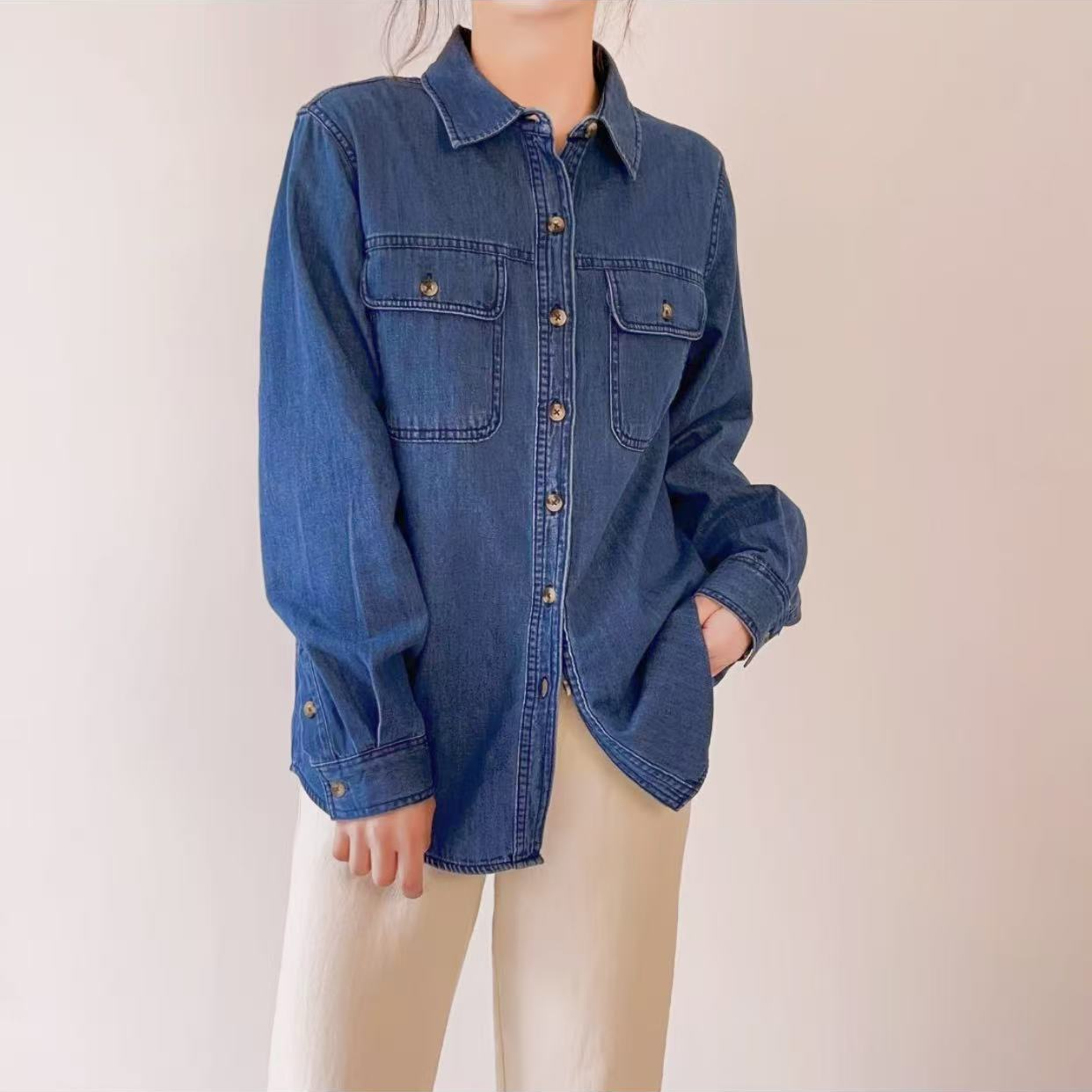 (现货）复古百搭牛仔衬衫女柔软水洗翻领长袖宽松上衣