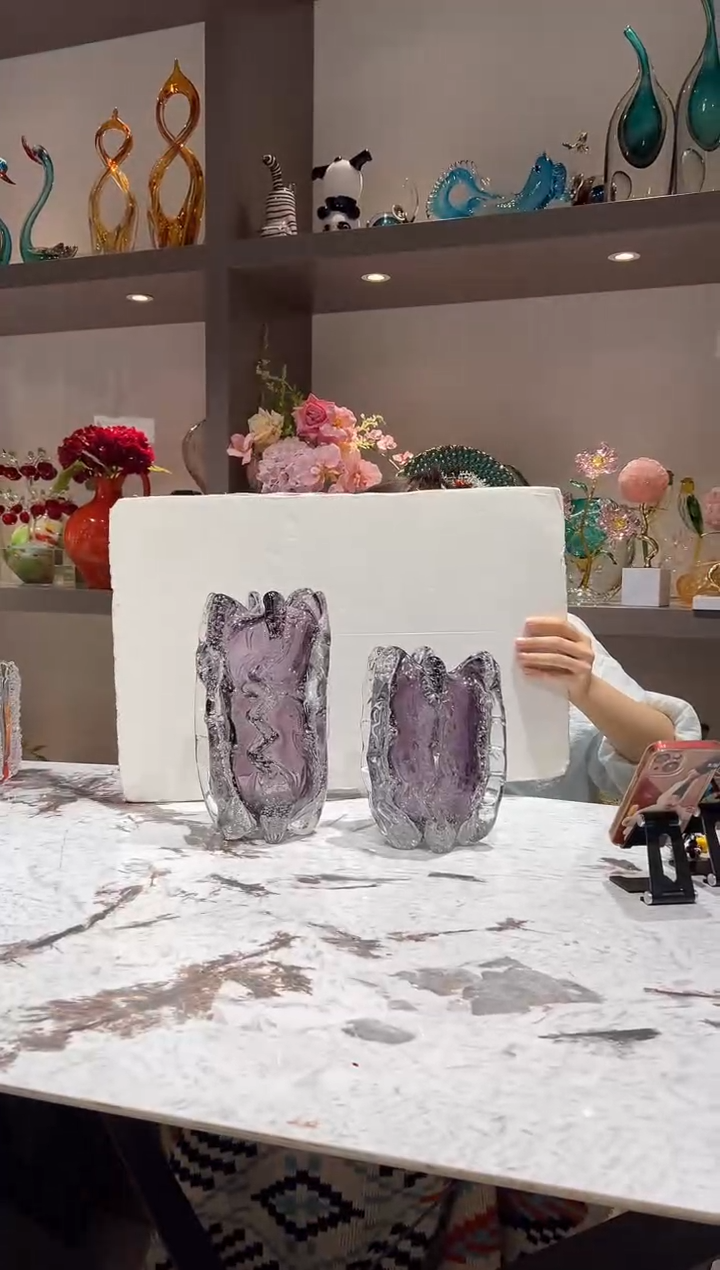 烟紫色气泡琉璃花瓶一对