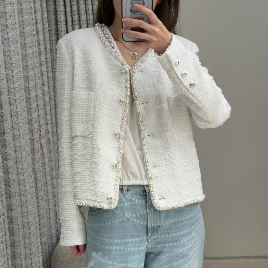99新 Chanel/香奈儿 34码25P爆款珍珠滚边白色粗花呢外套