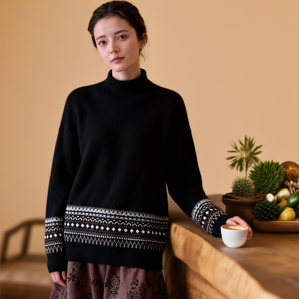 渡口故事秋冬新款天丝羊毛百搭费尔岛毛衣半高领长袖针织衫K131