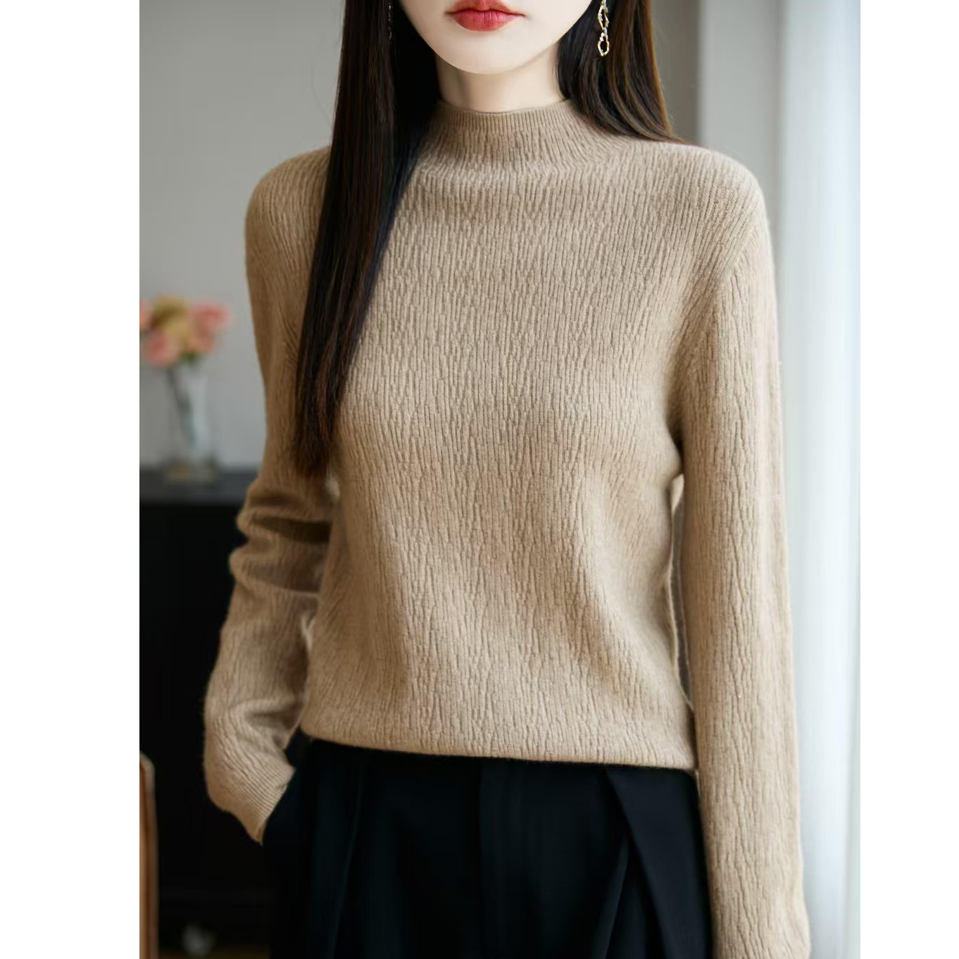 【一线成衣】秋冬新款安迪绒半高领乱坑针织衫百搭宽松显瘦柔软打底