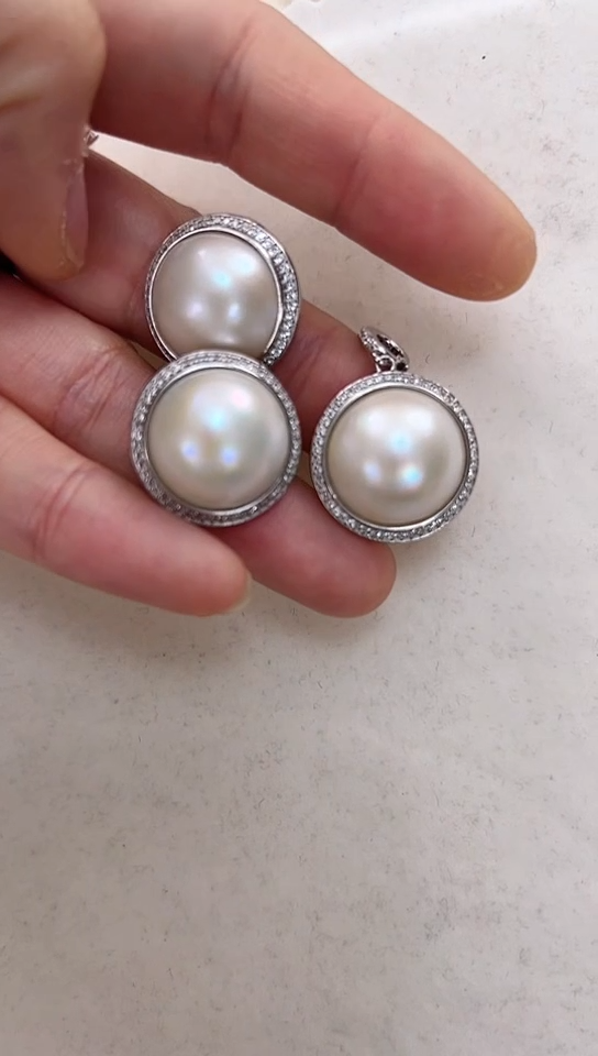 【闪购商品】拼合珍珠（马贝珠）耳饰银S925镶嵌 白色太阳花套装