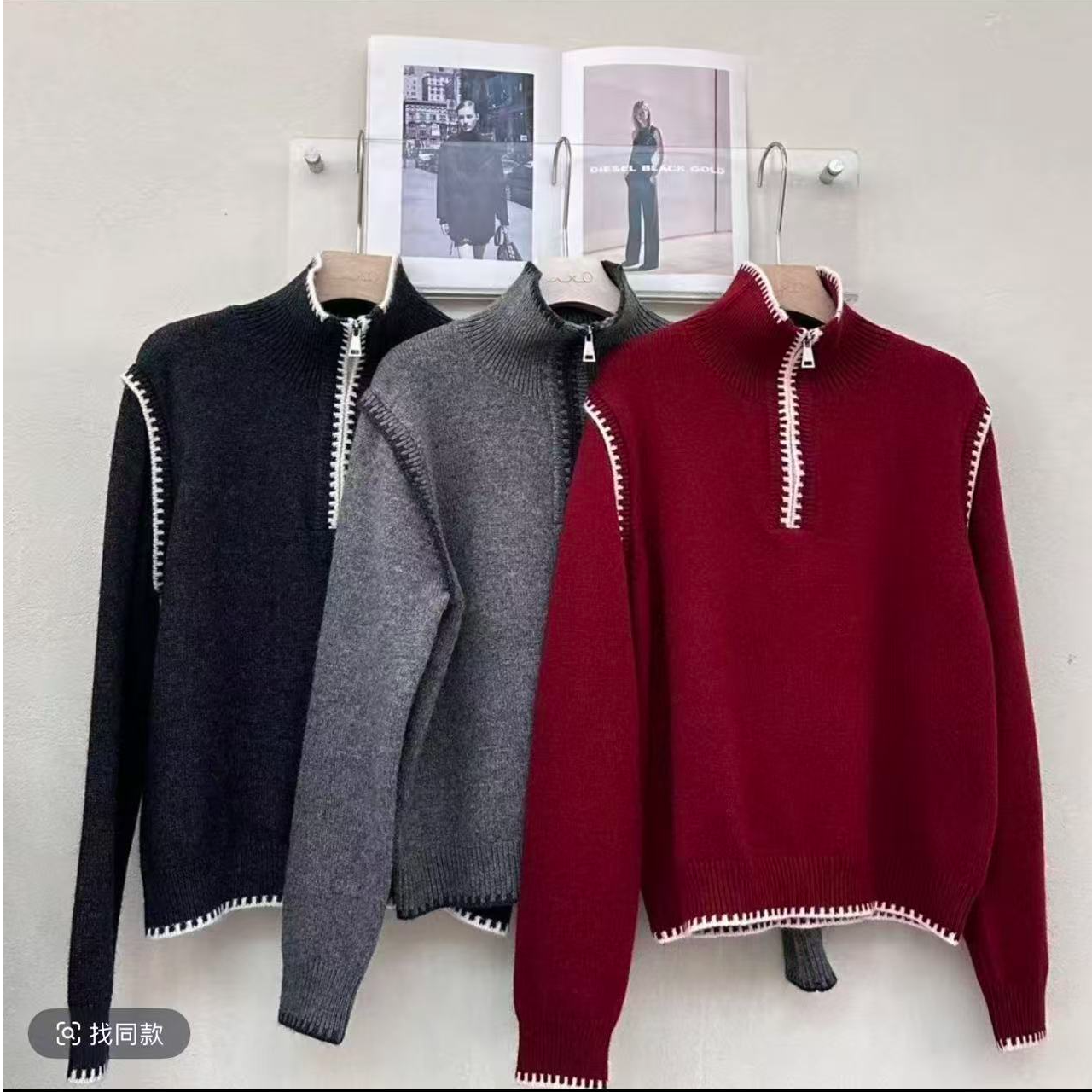 ZOZO-6002冬季新款女半拉链撞色高龄慵懒风宽松百搭毛衣