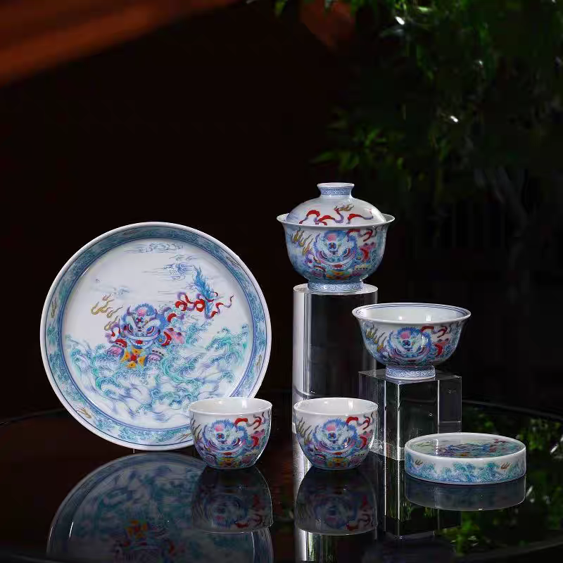 景德镇手工制作釉下彩青花斗彩国潮风醒狮陶瓷茶具套装（多款选择）