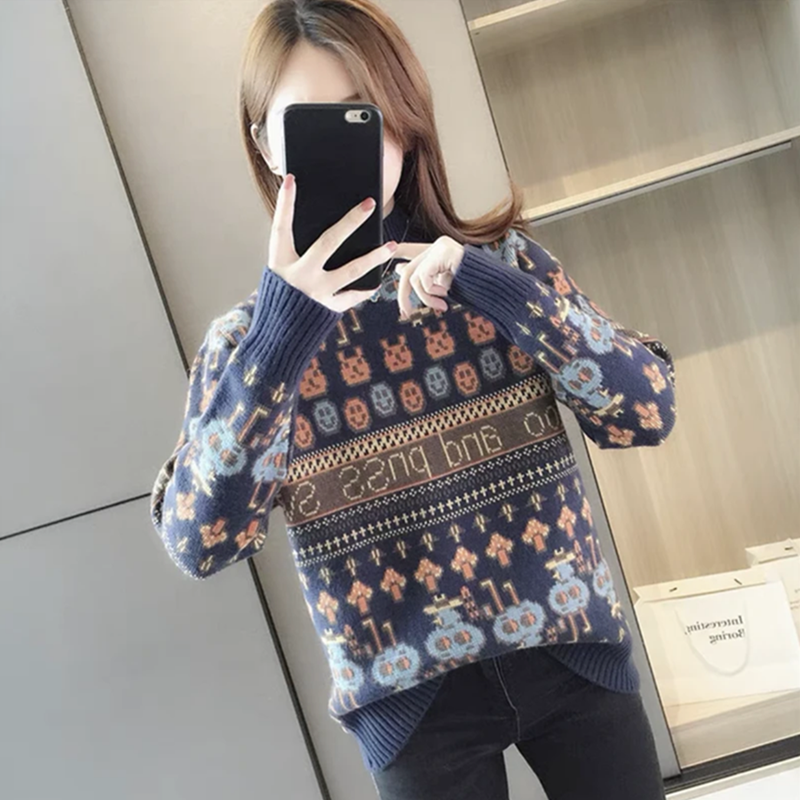 2025春秋新款百搭半高领毛衣女宽松外穿卡通风内搭打底针织衫上衣