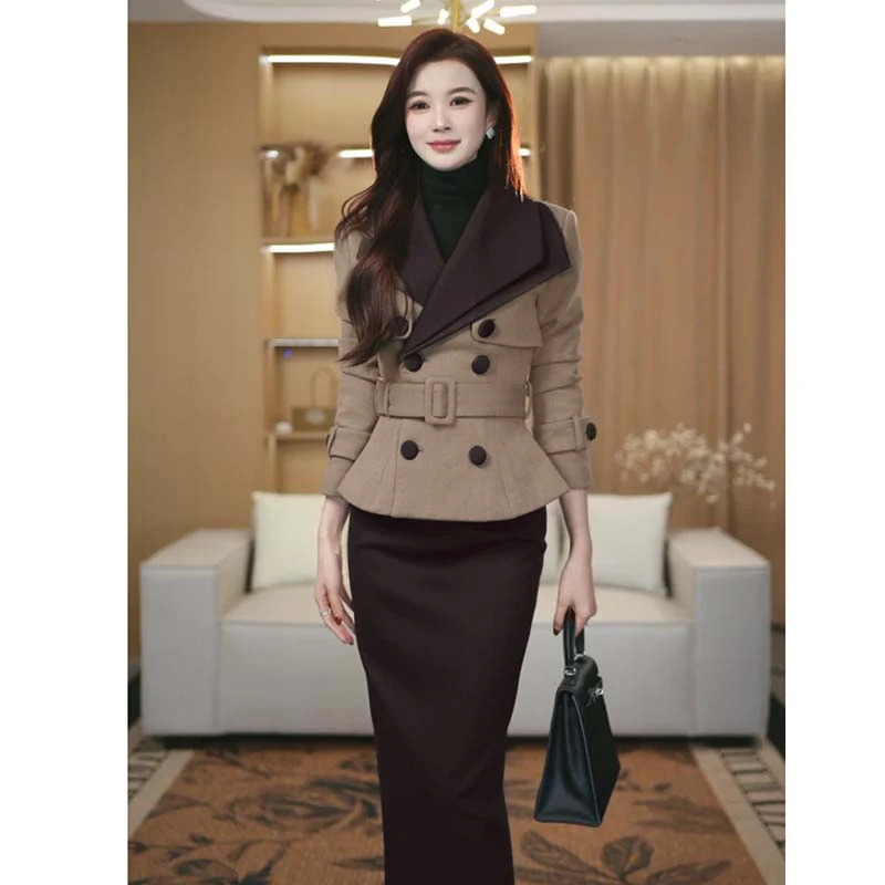冬季长袖西装上衣+包臀裙套装