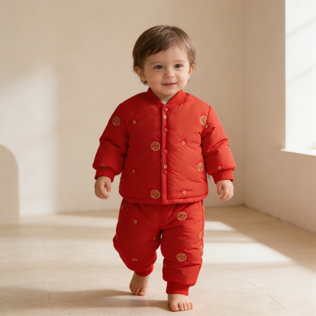 【AIbeilaCC】宝宝保暖套装秋冬季婴儿夹棉套装红色过年拜年服冬装