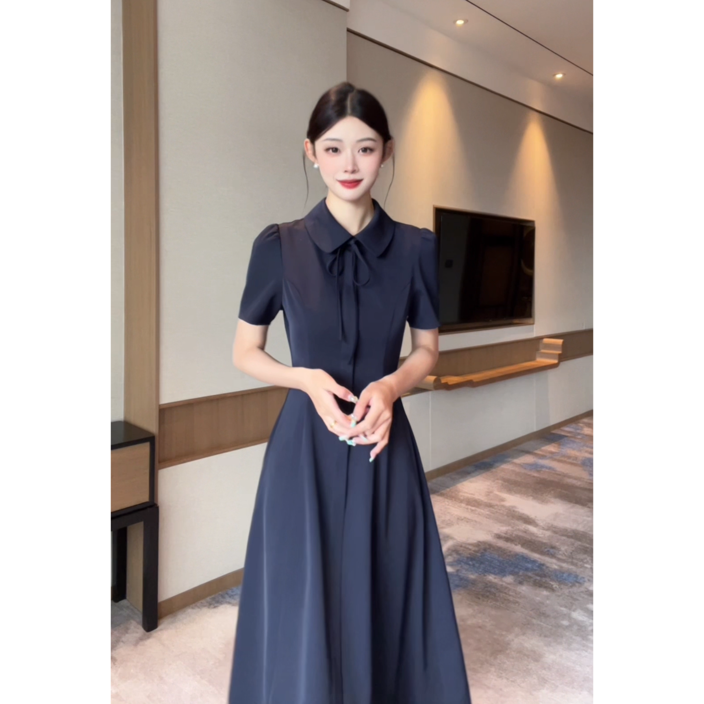 【乐一专属】夏季新款娃娃领连衣裙女收腰显瘦气质百搭裙子B0071