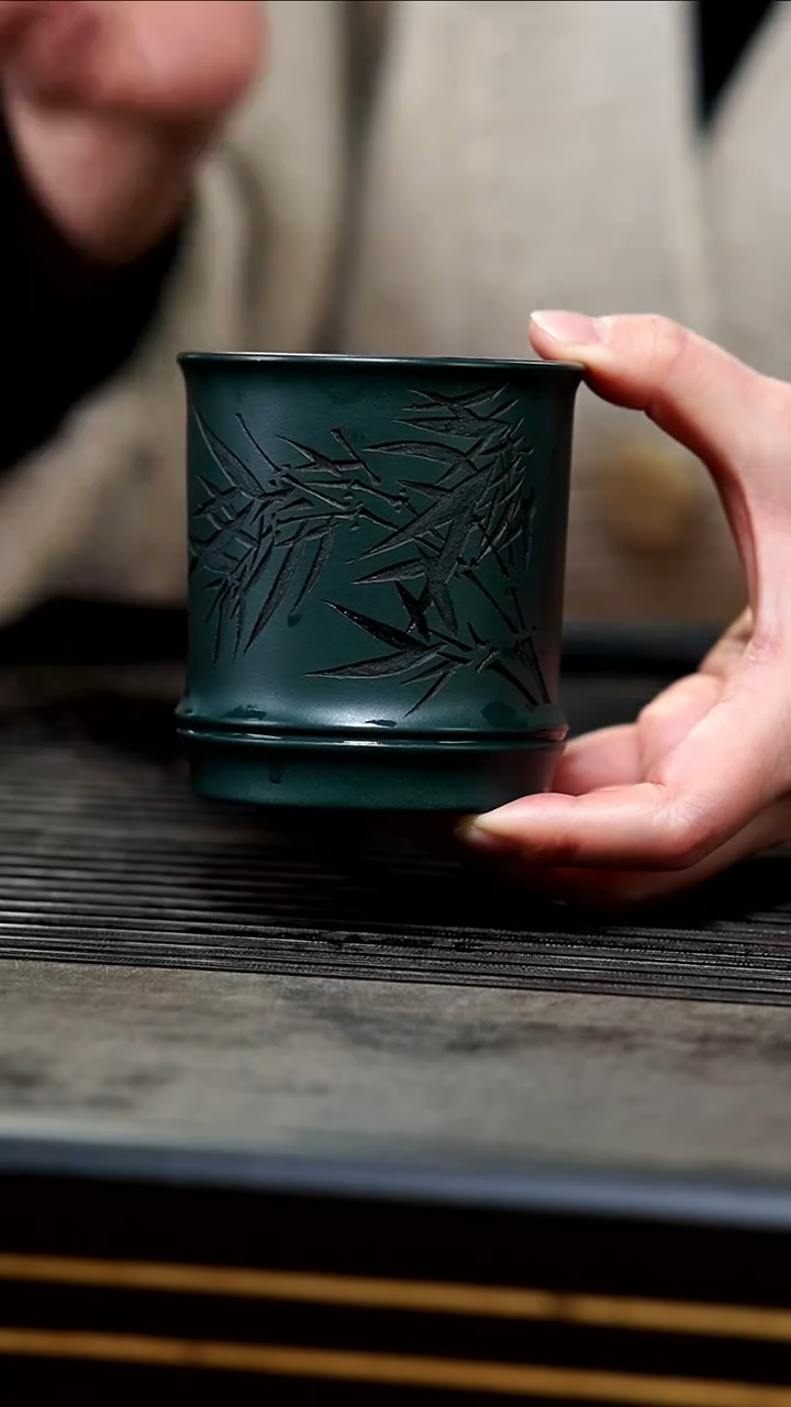 【闪购商品】紫砂茶壶08-明国绿刻竹 竹节杯200cc