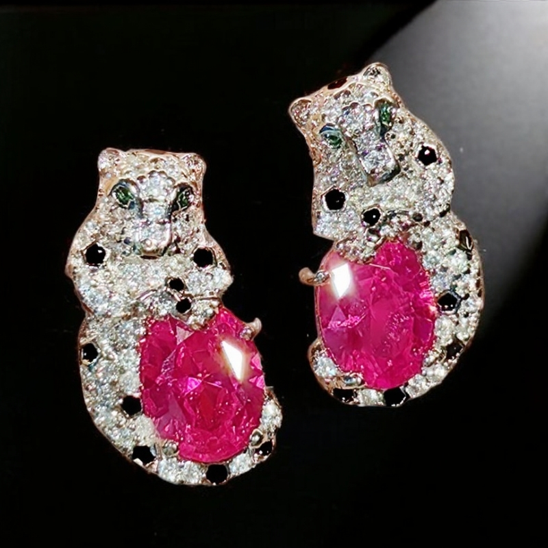 合金锆石耳饰 轻奢时尚气质小众高级感金色精致豹子耳钉红色饰品