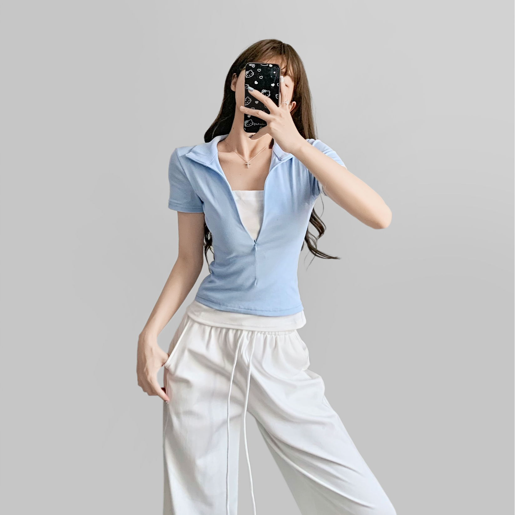 Motinaran美式假两件女2025夏季简约明朗修身显瘦正肩短袖T恤