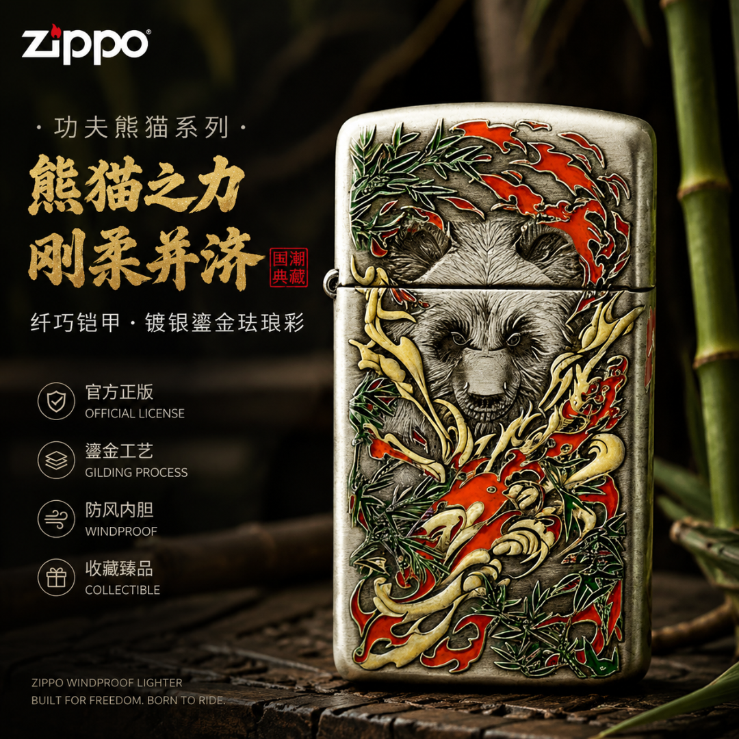 ZIPPO/之宝千语纤巧盔甲镀银鎏金珐琅彩功夫熊猫创意打火机zippo