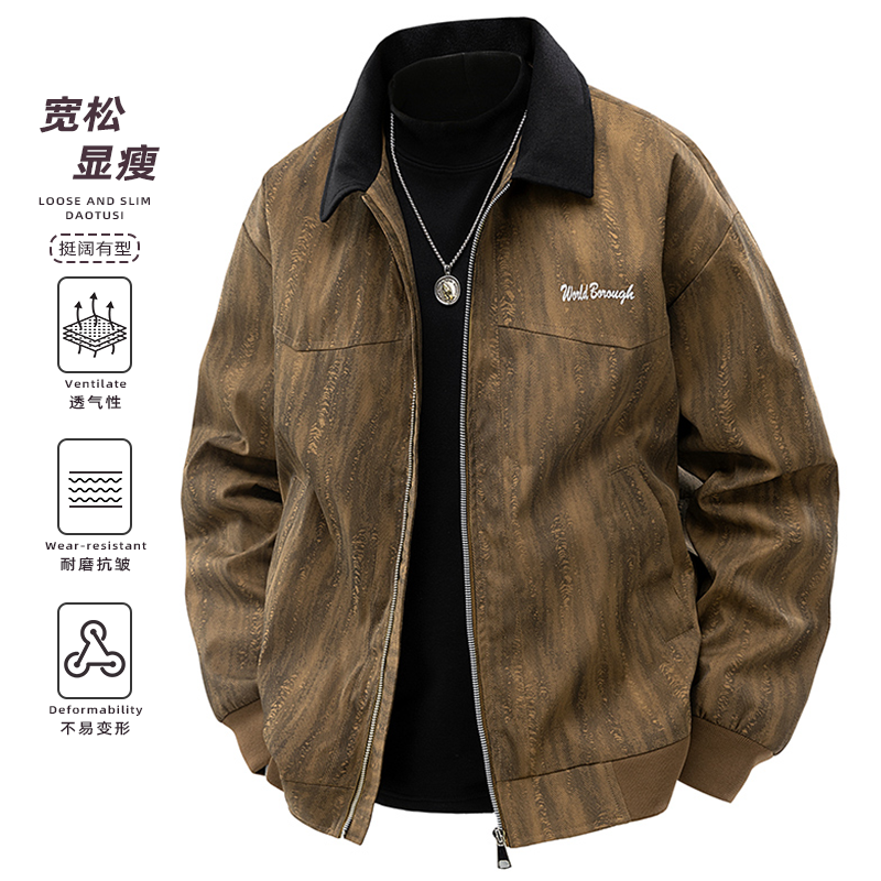 新款高街加绒印花夹克男士美式时尚休闲宽松潮流胖子大码外套帅气