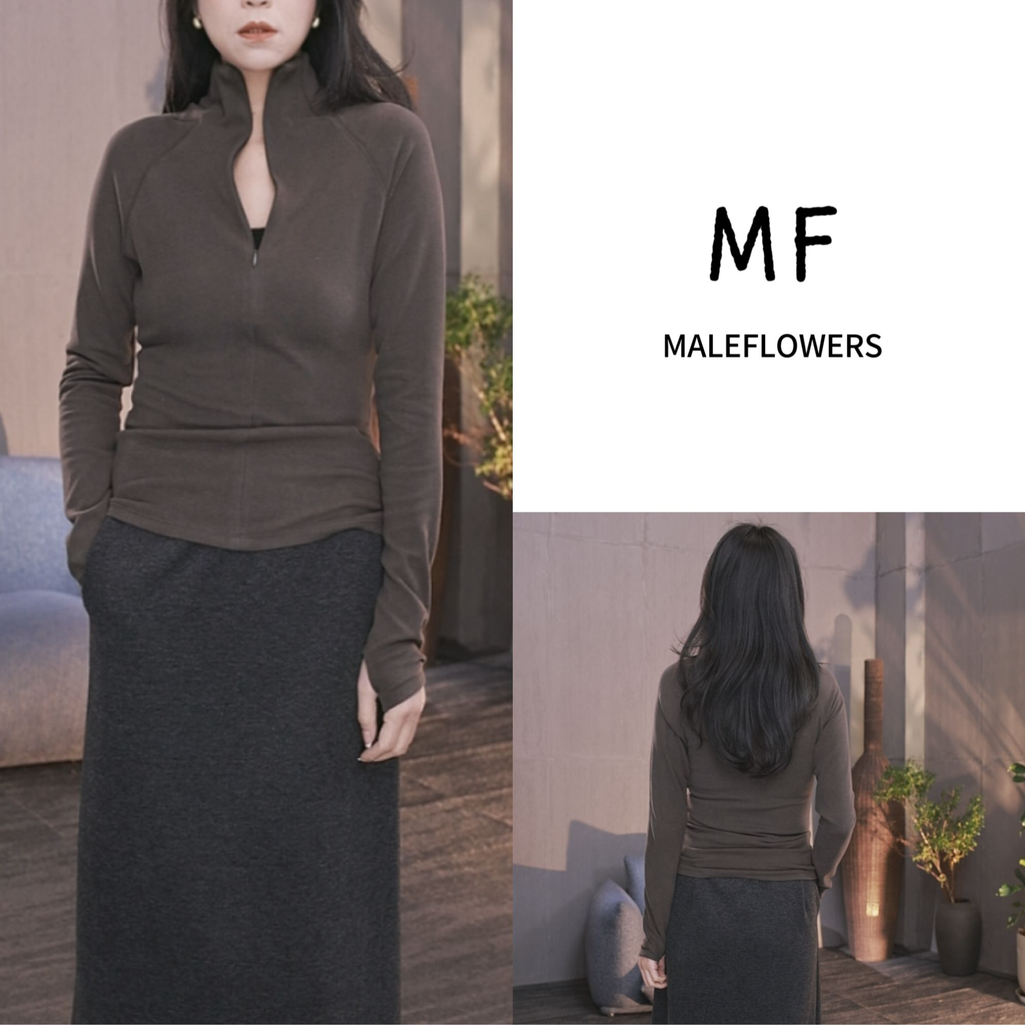 东倪MF 双面德绒插肩袖拉链上衣打底衫简约百搭高弹紧身 85D857