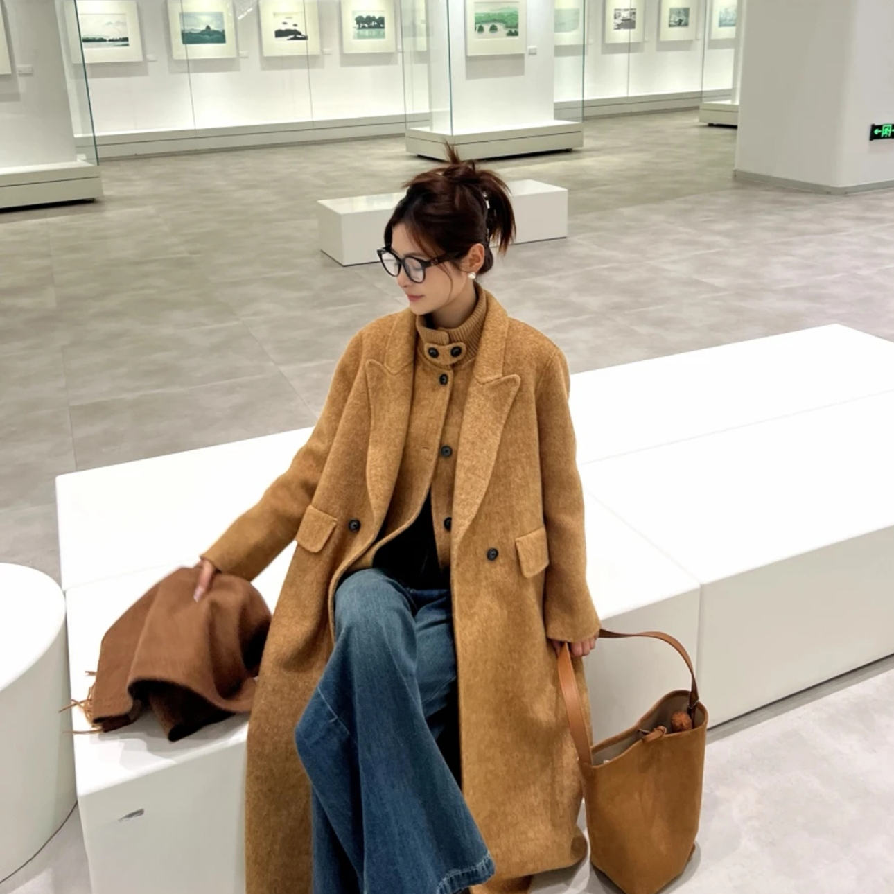 【】2025秋冬新品网红时尚立领两件套长款双面呢羊毛大衣外套25058