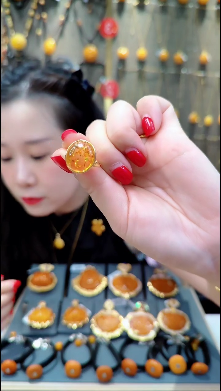 【闪购商品】琥珀戒指银S925镀金镶嵌H269琥珀戒指