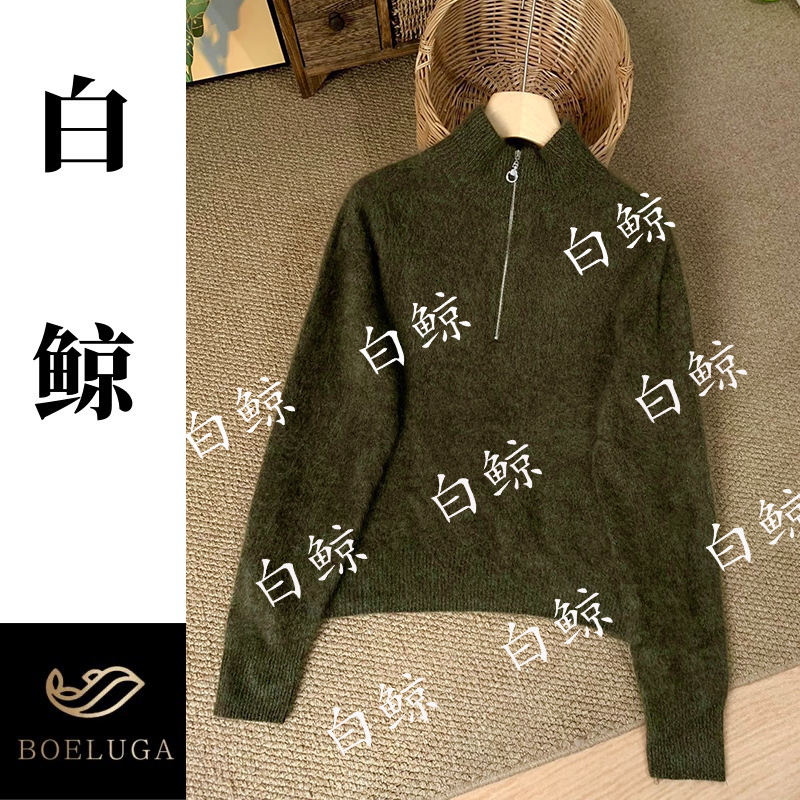 2025冬季新款半拉链立领毛衣女绿色套头针织衫冬季穿搭2874