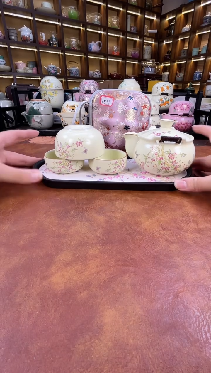 瓷片桃花1壶3杯宝瓶旅行+长方桃花盘