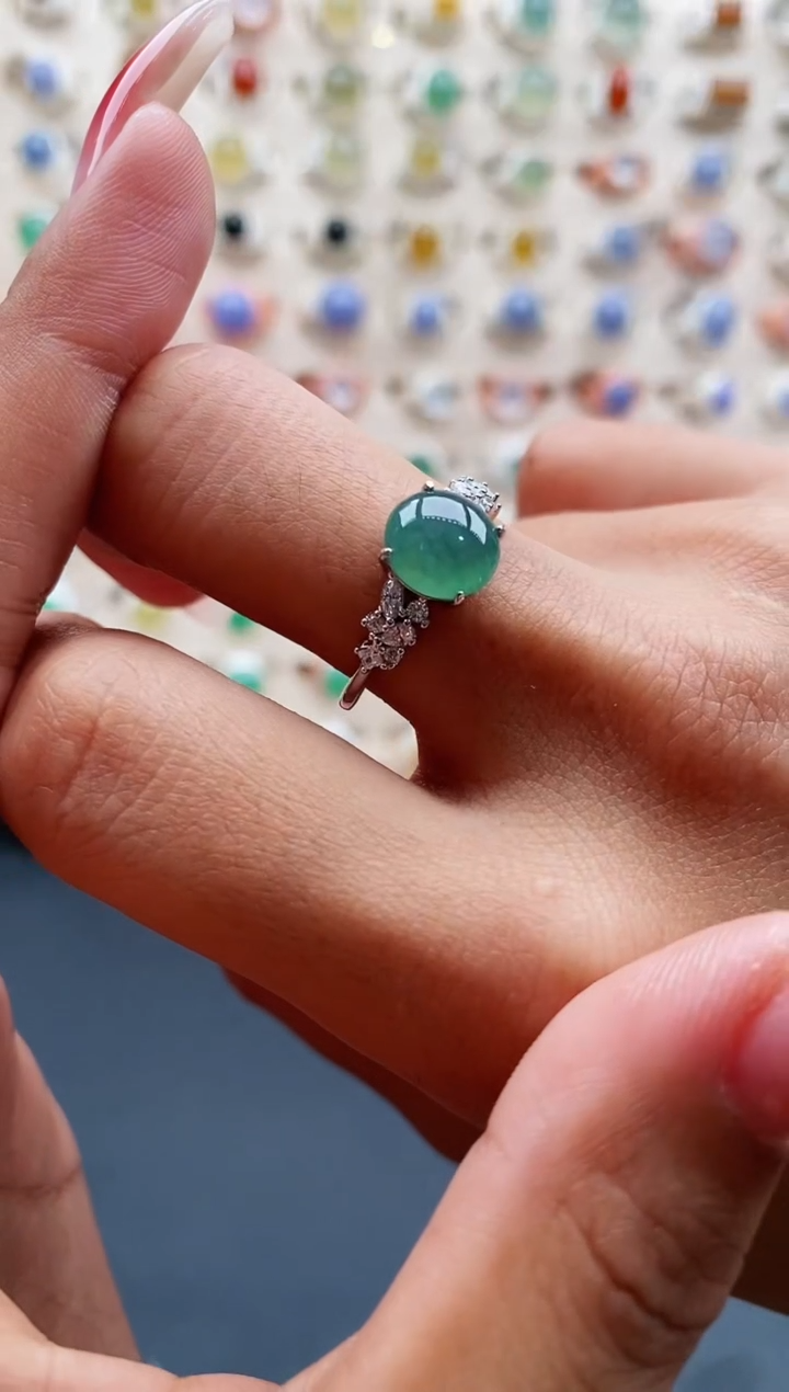 【闪购商品】翡翠戒指银S925镶嵌缅甸天然A货翡翠222 3+3