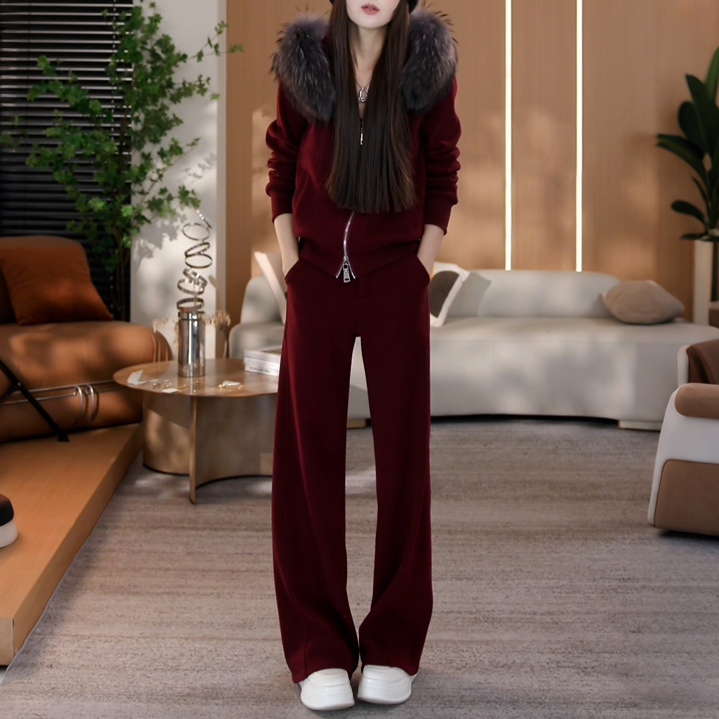 2025超火冬装一整套女可拆卸毛毛领拉链外套搭阔腿裤加绒两件套潮