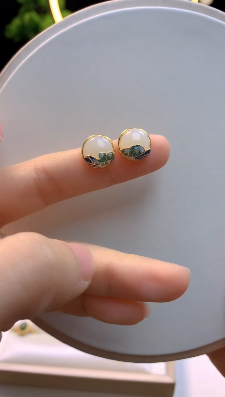 【闪购商品】和田玉耳钉银S925镀金镶嵌蛋面