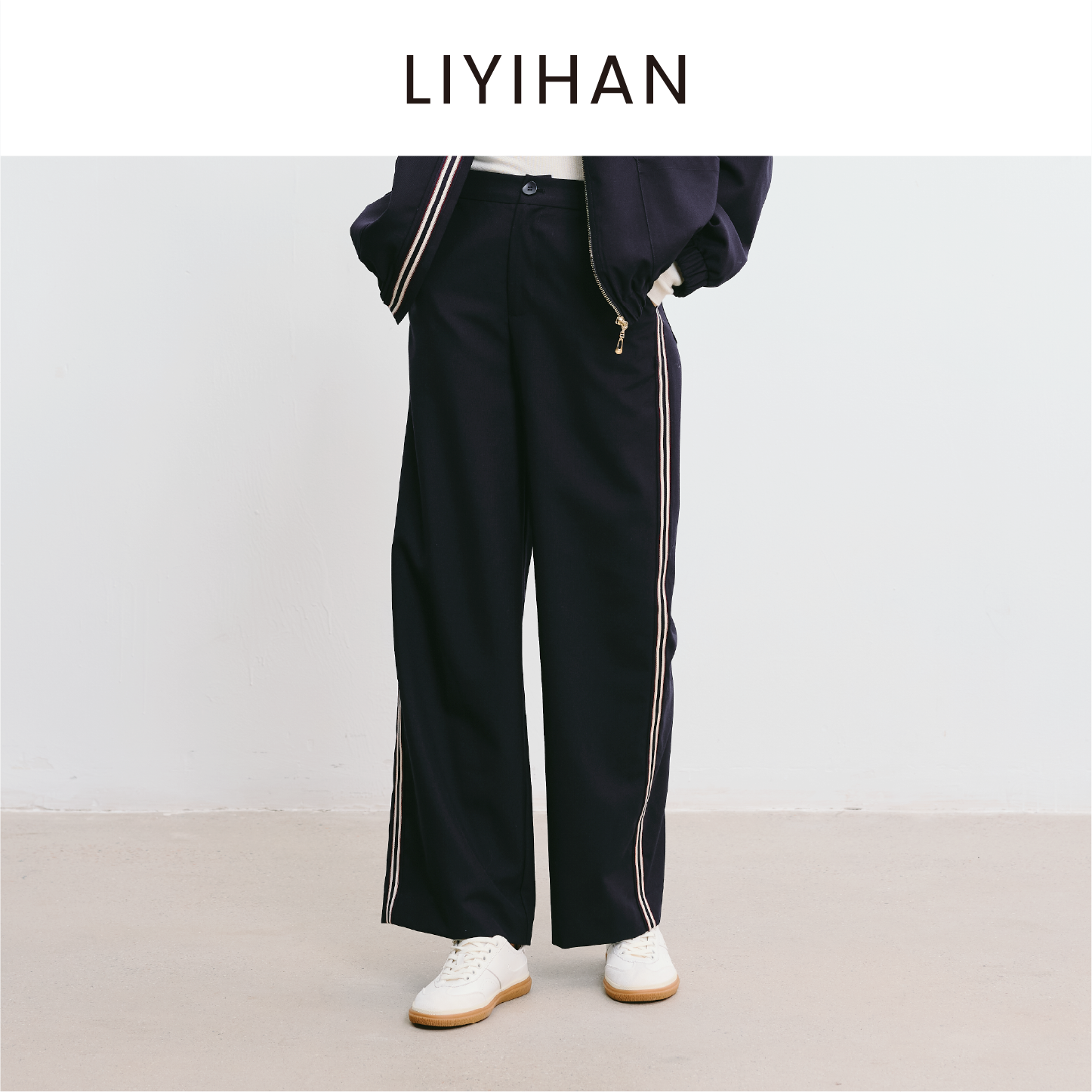 LIYIHAN 2025秋新款通勤羊毛直筒裤藏蓝色女宽松休闲裤小众设计感