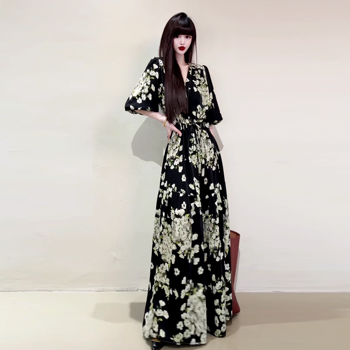 清仓捡漏断码气质感抽绳收腰连衣裙2025夏季宽松大码显瘦及踝长裙