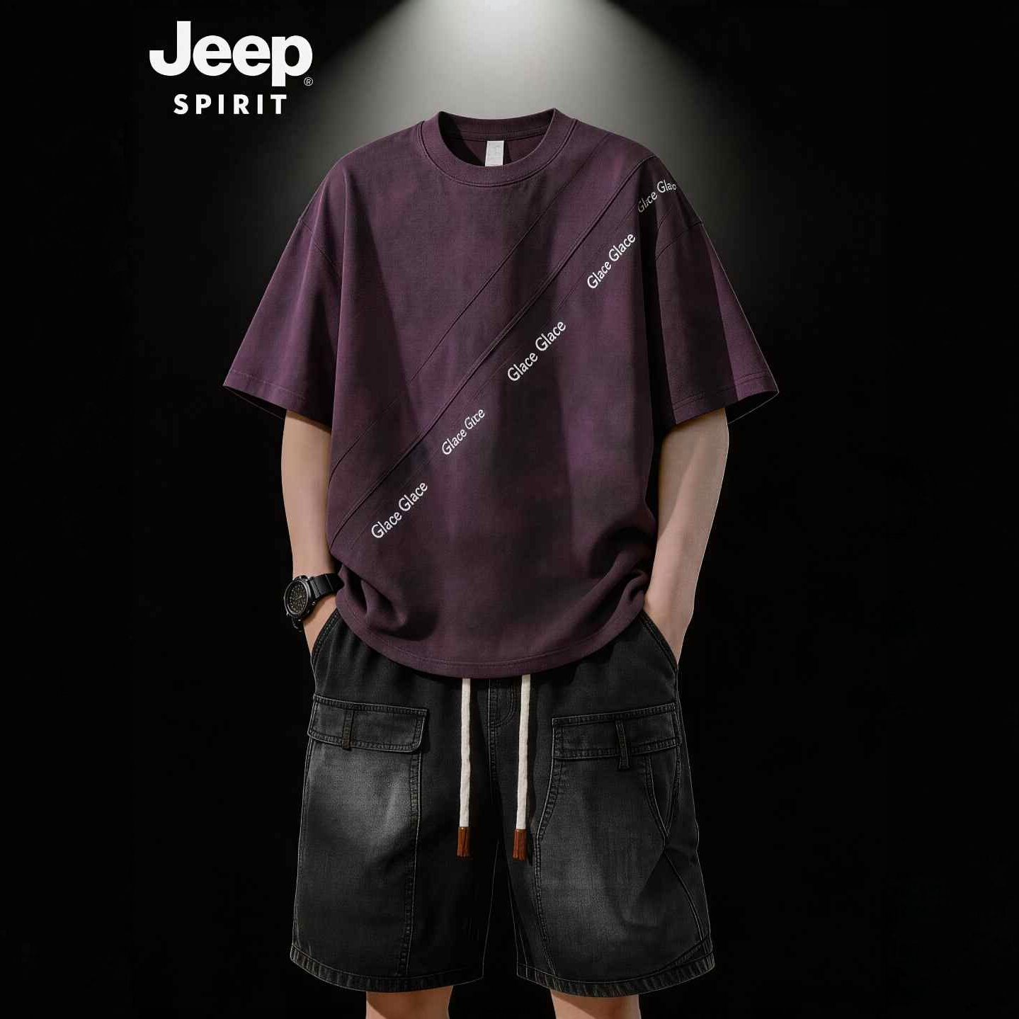 JEEPSPIRIT吉普夏季圆领短袖男士宽松大码复古天丝牛仔短裤套装
