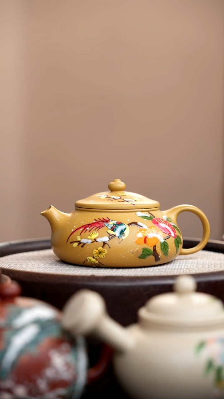 茶壶紫砂005 黄金段寒江泥绘雪鸟