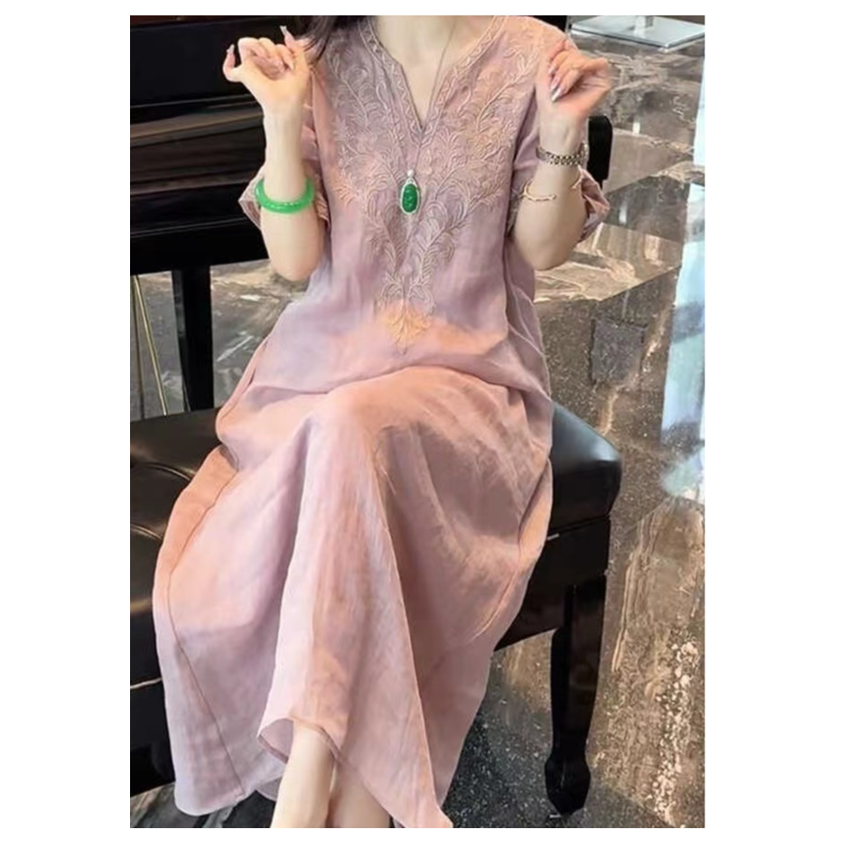天丝麻重工刺绣V领连衣裙女2025夏季新款宽松显瘦气质长裙子A512