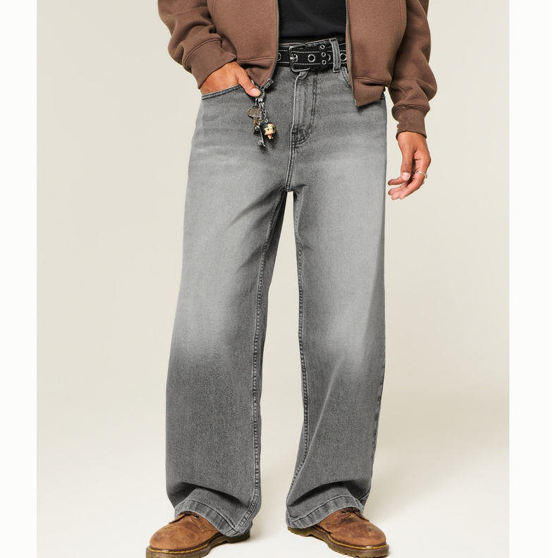 Hollister美式复古街头灰色水洗阔腿牛仔裤26春新款男装331-5384