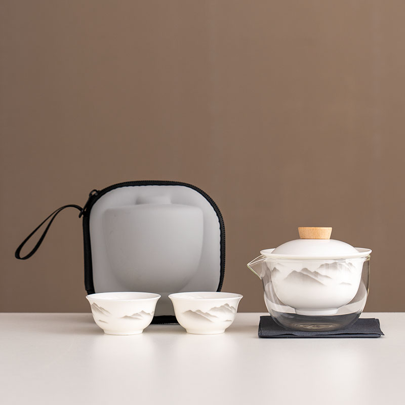 G1514-水墨清山羊脂玉瓷旅行茶具套装便携收纳包一壶二杯快客杯